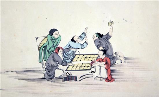 A set of eleven Chinese pen, ink and watercolours on paper of court scenes, late 19th/early 20th century, 27cm x 43cm